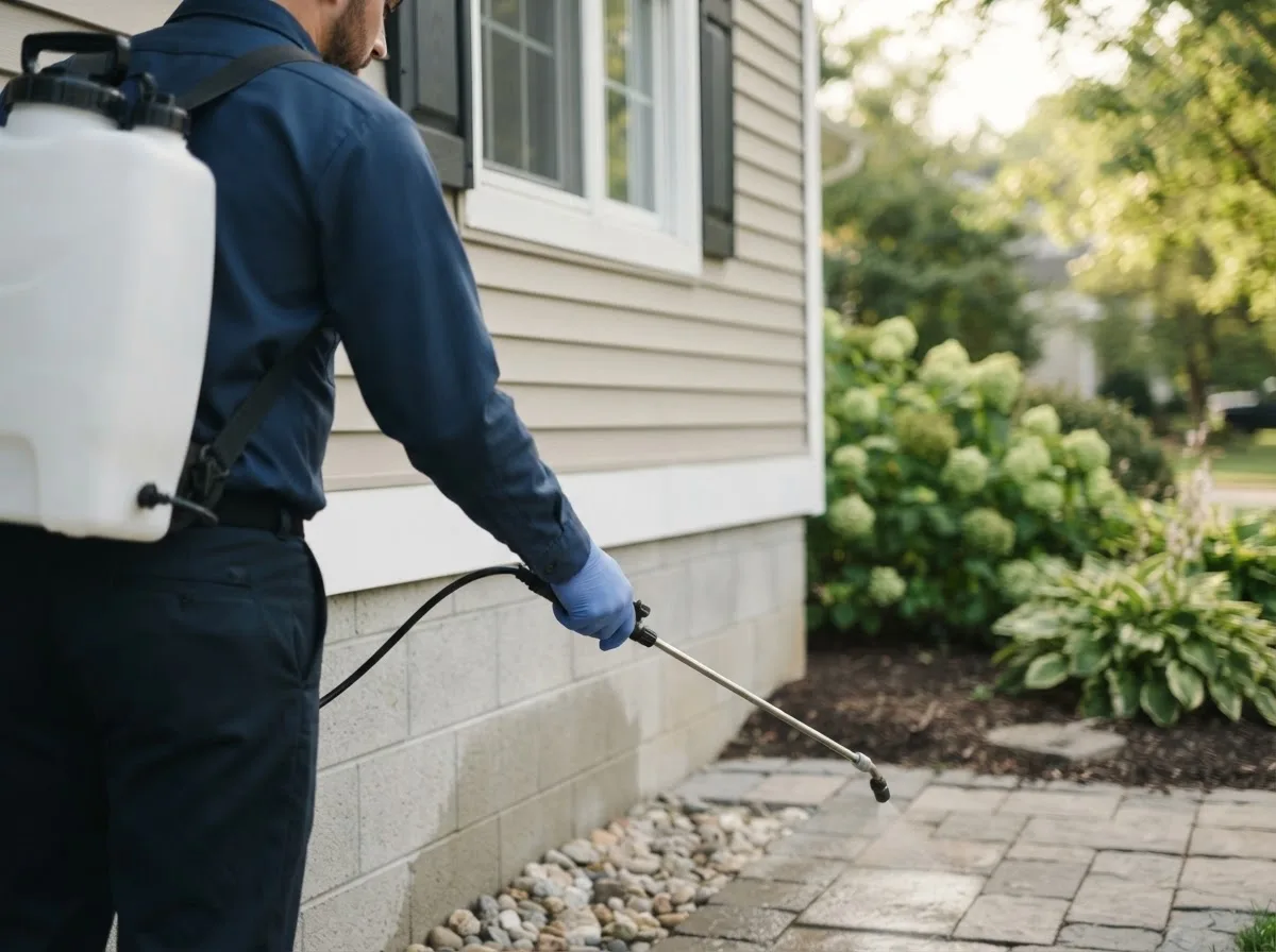 Pest control technician inspecting a home in Westford, NY
